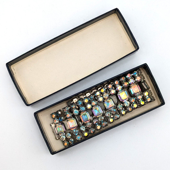 Aurora Borealis Clear Rhinestone Cuff Bracelet 5 Rows Statement Piece 60s 8.75" - Picture 12 of 13